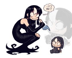 Rule 34 | black dress, black hair, black sleeves, breasts, detached sleeves, dress, highres, large breasts, long dress, multicolored hair, noss (rariatto), original, pointing, rariatto (ganguri), simple background, sitting, squatting, streaked hair, stuffed toy, vampire, wavy mouth, white background, white hair, zoom layer