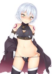Rule 34 | 1girl, absurdres, bad id, bad pixiv id, bandaged arm, bandages, bare shoulders, black panties, black thighhighs, blush, breasts, fate/apocrypha, fate/grand order, fate (series), gloves, green eyes, highres, jack the ripper (fate/apocrypha), looking at viewer, navel, panties, removing panties, scar, short hair, small breasts, solo, thighhighs, tomojo, underwear, white hair