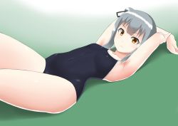 Rule 34 | 1girl, 30-06, armpits, breasts, competition school swimsuit, green background, grey hair, hair ribbon, kantai collection, kasumi (kancolle), long hair, looking at viewer, lying, one-piece swimsuit, ribbon, school swimsuit, side ponytail, small breasts, solo, swimsuit, yellow eyes
