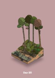 Rule 34 | animal, axe, boulder, bush, chopping, commentary request, diorama, gozz, highres, holding, holding axe, isometric, log, original, pink background, river, tree