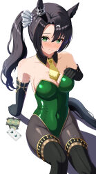 1girl absurdres adapted_costume animal_ears bare_shoulders black_gloves black_hair black_pantyhose blush breasts cleavage closed_mouth collarbone commentary cowboy_shot detached_collar elbow_gloves fuji_noriho gloves green_eyes green_leotard highres horse_ears horse_girl horse_tail leotard medium_breasts multicolored_hair nontraditional_playboy_bunny pantyhose ribbed_leotard satono_crown_(umamusume) side_ponytail solo tail umamusume