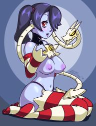 Rule 34 | 10s, 1girl, 2015, breasts, dated, feet, highres, leviathan (skullgirls), medium breasts, nipples, revtilian, signature, simple background, sitting, skullgirls, solo, squigly (skullgirls), striped clothes, striped thighhighs, thighhighs