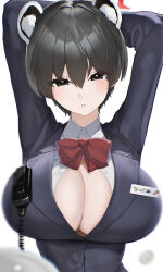 Rule 34 | 1girl, absurdres, animal ears, arms up, black eyes, black hair, blue archive, blush, bow, bowtie, breasts, cleavage, collared shirt, commentary request, halo, highres, huge breasts, kazane-wind, large breasts, long sleeves, looking at viewer, name tag, red bow, red bowtie, red halo, shirt, short hair, simple background, solo, tsubaki (blue archive), tsubaki (guide) (blue archive), walkie-talkie, white background, white shirt