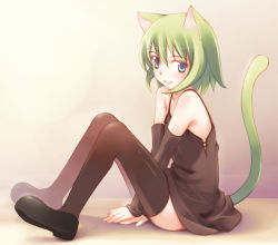 Rule 34 | animal ears, blue eyes, blush, cat ears, cat tail, chemise, dress, elbow gloves, gloves, green eyes, green hair, inato serere, latex, shoes, short hair, skirt, solo, tail, thighhighs, zettai ryouiki