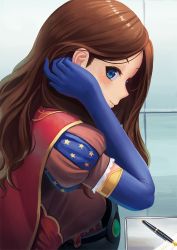 Rule 34 | 1girl, blue eyes, blue gloves, brown hair, cape, elbow gloves, fate/grand order, fate (series), nib pen (object), from side, gloves, tucking hair, highres, leonardo da vinci (fate), long hair, looking at viewer, pen, ranma (kamenrideroz), red cape, smile, solo, upper body