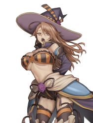 Rule 34 | 10s, 1girl, arms behind back, bandeau, bare shoulders, beatrix (granblue fantasy), black ribbon, black thighhighs, breasts, brown eyes, brown hair, chestnut mouth, cleavage, cowboy shot, detached sleeves, granblue fantasy, halloween costume, hat, jonylaser, large breasts, long hair, looking at viewer, matching hair/eyes, midriff, navel, open mouth, ribbon, skirt, solo, strapless, thighhighs, tube top, underboob, white background, witch hat