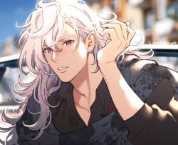 Rule 34 | 1boy, adjusting hair, alternate costume, bad id, bad twitter id, bishounen, black shirt, blue sky, blurry, close-up, depth of field, fate/grand order, fate (series), grey scarf, long hair, male focus, merlin (camelot &amp; co) (fate), merlin (fate), onegingek, outdoors, parted lips, purple hair, scarf, shirt, sky, solo, tucking hair, upper body, very long hair