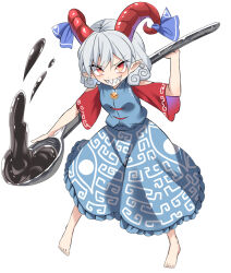 Rule 34 | 1girl, barefoot, blue dress, blue ribbon, blush, curled horns, dress, e.o., earrings, frilled dress, frills, full body, grey hair, grin, highres, holding, holding spoon, horn ornament, horn ribbon, horns, jewelry, oversized object, pointy ears, red eyes, red horns, ribbon, sharp teeth, sheep horns, short hair, simple background, smile, solo, spoon, teeth, touhou, toutetsu yuuma, white background