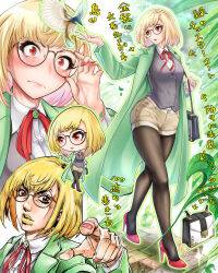 1girl araki_hirohiko_(style) bag bird black_pantyhose black_vest blonde_hair breasts bro.you-yan brown_shorts chibi coat colored_inner_hair commentary_request frown glasses green_coat handbag high_heels highres leaf medium_breasts medium_hair multicolored_hair original pantyhose pink_hair red_eyes red_nails round_eyewear short_shorts shorts stone_floor translation_request two-tone_hair vest yellow_lips