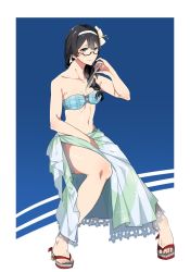 Rule 34 | 10s, 1girl, alternate costume, alternate hairstyle, asakawa (outeq), bad anatomy, bad feet, bare shoulders, black hair, blush, braid, breasts, collarbone, flower, glasses, hair flower, hair ornament, hair over shoulder, hairband, kantai collection, long hair, midriff, navel, ooyodo (kancolle), poorly drawn, quill, sandals, sarong, single braid, smile, solo, swimsuit