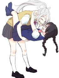 Rule 34 | 2girls, arms around neck, arms behind back, black hair, bow, carrying, carrying person, chigofumi, closed eyes, commentary request, height difference, higuchi kaede, higuchi kaede (3rd costume), holding, holding person, leg lock, mole, mole under eye, multiple girls, nijisanji, no shoes, purple eyes, school uniform, simple background, smile, socks, tagme, tsukino mito, tsukino mito (3rd costume), virtual youtuber, white background, white bow, white socks, yuri