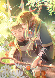 Rule 34 | 1boy, 1girl, absurdres, armor, blonde hair, blood on mouth, blue robe, blurry, braid, breastplate, choker, closed eyes, commentary request, depth of field, dungeon meshi, elf, flower, french braid, grass, green eyes, highres, holding, holding staff, laios touden, long hair, long sleeves, looking at another, lying, marcille donato, outdoors, picture frame, pointy ears, red choker, robe, short hair, sitting, staff, white flower, xiulai