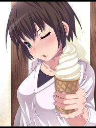 Rule 34 | 1girl, ;o, black hair, blush, breasts, brown hair, collarbone, commentary request, doctor k shoujo, female focus, fingernails, food, green eyes, hair between eyes, head tilt, highres, holding, ice cream, ice cream cone, letterboxed, long fingernails, long sleeves, looking at viewer, nail, nail polish, natsumyun, one eye closed, open mouth, pink nails, shadow, short hair, soft serve, solo, upper body, wood