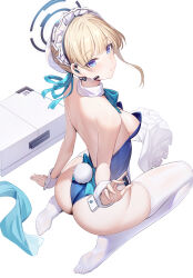 Rule 34 | 1girl, ass, backless leotard, bare shoulders, blonde hair, blue archive, blue eyes, blue leotard, breasts, briefcase, bun cover, closed mouth, earpiece, expressionless, from above, from behind, full body, hair bun, highres, leotard, looking at viewer, maid headdress, medium breasts, microphone, rabbit tail, ririko (zhuoyandesailaer), seiza, sideboob, simple background, sitting, solo, tail, toki (blue archive), toki (bunny) (blue archive), white background, wrist cuffs