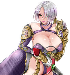 Rule 34 | 1girl, breasts, cleavage, highres, huge breasts, isabella valentine, lipstick, makeup, namco, pink lips, revealing clothes, short hair, soul calibur, soulcalibur, soulcalibur vi, sword, weapon