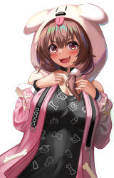 Rule 34 | 1girl, :3, :d, absurdres, animal hood, b-pang, bad id, bad pixiv id, black choker, black shirt, blush, breasts, brown hair, choker, commentary, fang, hair between eyes, hands up, highres, hololive, hood, hood up, hooded jacket, inugami korone, inugami korone (loungewear), jacket, large breasts, long hair, long sleeves, looking at viewer, nail polish, official alternate costume, open clothes, open jacket, open mouth, pink jacket, pink nails, print shirt, red eyes, shirt, simple background, smile, solo, upper body, virtual youtuber, white background