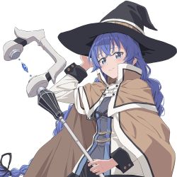 Rule 34 | 1girl, black hat, black ribbon, blue eyes, blue gemstone, blush, brown cloak, cloak, floating, gem, grey background, hair between eyes, hair ribbon, hand on headwear, hat, highres, holding, holding staff, long hair, looking at viewer, mikazuchi zeus, mushoku tensei, parted lips, pink lips, ribbon, roxy migurdia, simple background, smile, solo, staff, witch, witch hat