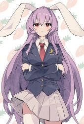 Rule 34 | 1girl, animal ears, black jacket, blazer, breasts, closed mouth, collared shirt, cowboy shot, crescent, crescent pin, crossed arms, highres, jacket, long hair, long sleeves, looking at viewer, medium breasts, necktie, necono (nyu6poko), pleated skirt, purple hair, rabbit ears, rabbit girl, red eyes, red necktie, reisen udongein inaba, shirt, simple background, skirt, solo, standing, thighhighs, touhou, very long hair, white background, white shirt, white thighhighs