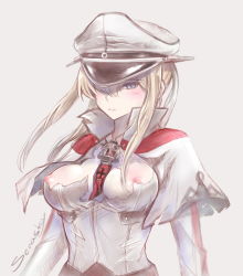 Rule 34 | 10s, 1girl, blonde hair, breasts, capelet, cross, female focus, graf zeppelin (kancolle), grey eyes, hair between eyes, hat, hat over one eye, highres, impossible clothes, kantai collection, large breasts, looking at viewer, necktie, nipples, senasky, sidelocks, simple background, sketch, solo, torn clothes, tsurime, twintails