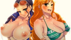Rule 34 | 2girls, ai no inu koujou, bare shoulders, bikini, bikini top only, black hair, blue eyes, blush, breast hold, breasts, breasts out, earrings, huge breasts, jewelry, long hair, looking at viewer, multiple girls, nami (one piece), nico robin, nipples, one piece, open mouth, orange eyes, orange hair, simple background, smile, standing, sunglasses, sweat, swimsuit, white background