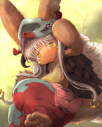 Rule 34 | 1other, :3, absurdres, androgynous, brown fur, ears through headwear, fake horns, feet, furry, helmet, highres, horizontal pupils, horned helmet, horns, looking at viewer, made in abyss, nanachi (made in abyss), neru5572 (onerumaster), other focus, puffy pants, sitting, tail, whiskers, white hair, yellow eyes