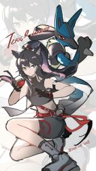 Rule 34 | 1girl, animal ear fluff, animal ears, arknights, arm strap, belt, black hair, character name, closed mouth, commentary request, creatures (company), crossover, floating hair, game freak, gen 4 pokemon, gloves, hair between eyes, highres, holding, holding poke ball, long hair, looking to the side, lucario, nintendo, poke ball, poke ball (basic), pokemon, pokemon (creature), ponytail, red belt, shirt, shoes, shorts, sleeveless, sleeveless shirt, socks, squatting, texas (arknights), tianye toshi, zoom layer
