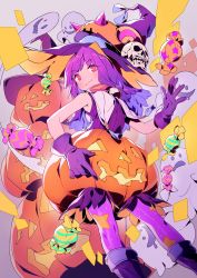 Rule 34 | 1girl, bad id, bad twitter id, candy, closed mouth, feet out of frame, food, ghost, gloves, hand up, hat, highres, jack-o&#039;-lantern, lee hyeseung, long hair, looking at viewer, original, pantyhose, pink pantyhose, pumpkin, purple gloves, purple hair, purple hat, red eyes, skull, smile, solo, witch hat