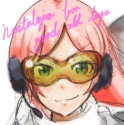 Rule 34 | &gt;:), + +, 1girl, blush, buster machine 7, buster machine 7 (cosplay), carlos toshiki, cosplay, cross-shaped pupils, english text, goggles, headphones, headset, long hair, nono (top wo nerae 2!), parted bangs, pink hair, portrait, scarf, sf-a2 miki, smile, solo, symbol-shaped pupils, text focus, top wo nerae 2!, v-shaped eyebrows, vocaloid