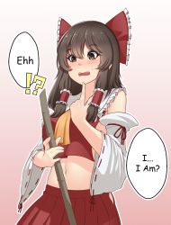 Rule 34 | !?, 1girl, ascot, bare shoulders, blush, bow, broom, brown eyes, brown hair, commentary, crop top, detached sleeves, english commentary, english text, eyelashes, frilled bow, frilled shirt collar, frills, from below, gradient background, hair bow, hair tubes, hakurei reimu, hip vent, holding, holding broom, long hair, long sleeves, mochi (chain csn), navel, nose blush, outline, pink background, pleated skirt, pointing, pointing at self, red bow, red ribbon, red skirt, ribbon, ribbon-trimmed sleeves, ribbon trim, sidelocks, skirt, solo, speech bubble, stomach, sweatdrop, touhou, upper body, white outline, yellow ascot