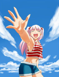 Rule 34 | 1girl, :d, ^ ^, arle, armpits, bad id, bad pixiv id, closed eyes, closed eyes, foreshortening, hair bobbles, hair ornament, long hair, midriff, navel, open mouth, original, outstretched arm, outstretched hand, pink hair, shorts, smile, solo, striped, tank top, twintails, waving