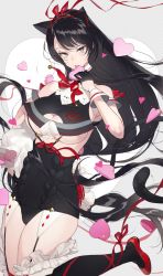 Rule 34 | 1girl, animal ears, ankle lace-up, bad id, bad pixiv id, bare shoulders, bell, black dress, black hair, black thighhighs, breasts, cat ears, cat girl, cat tail, cleavage, cleavage cutout, clothing cutout, collarbone, cross-laced footwear, dress, artistic error, floating hair, garter straps, grey eyes, hair ribbon, halterneck, hand to own mouth, hand up, heart, jingle bell, large breasts, leg ribbon, licking, long hair, looking at viewer, mole, mole under eye, neck ribbon, original, red footwear, red ribbon, ribbon, shoes, solo, tail, thighhighs, tongue, tongue out, tonito, underboob, very long hair, wind, wrist cuffs
