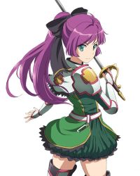 Rule 34 | 10s, 1girl, armor, black bow, bow, character request, cowboy shot, dress, floating hair, from behind, green dress, green eyes, hair bow, holding, holding sword, holding weapon, long hair, looking back, pauldrons, ponytail, purple hair, rapier, short dress, shoulder armor, simple background, solo, standing, sword, sword art online, weapon, white background