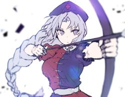 Rule 34 | 1girl, arrow (projectile), bad id, bad twitter id, blurry, bow (weapon), braid, colorized, cross, drawing bow, dress, g.t, grey eyes, hat, holding, holding bow (weapon), holding weapon, long hair, nurse cap, outstretched arm, puffy sleeves, sash, short sleeves, silver hair, simple background, single braid, sketch, solo, touhou, very long hair, weapon, white background, yagokoro eirin