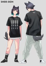 Rule 34 | 1boy, 1girl, animal ear fluff, animal ears, arms at sides, black eyes, black footwear, black hair, black shirt, blue eyes, bob cut, breasts, cat ears, closed mouth, clothes writing, commentary request, dog ears, dog tail, drawstring, eyebrows hidden by hair, from behind, full body, green hair, grey background, legs apart, looking at viewer, looking back, miniskirt, multicolored hair, original, pants, print shirt, profile, sakuhiko, shirt, shoes, short sleeves, side-by-side, simple background, skirt, smile, socks, standing, t-shirt, tail, two-tone hair, white skirt