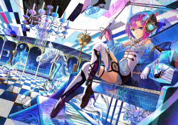 Rule 34 | 1girl, blue eyes, boots, chandelier, checkered floor, crescent moon, elbow gloves, floor, flower, fuzichoco, glass, gloves, headphones, helmet, holding, instrument, md5 mismatch, moon, musical note, original, pink hair, ripples, sitting, sky, solo, star (sky), starry sky, thigh boots, thighhighs, trumpet, unicorn, violin
