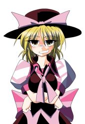 Rule 34 | 1girl, blonde hair, bow, breasts, female focus, grin, hat, kieyza, medium breasts, mystic square, ribbon, short hair, smile, solo, touhou, touhou (pc-98), transparent background, witch, yellow eyes, yuki (touhou)