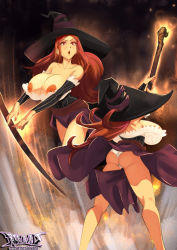 Rule 34 | 1girl, arm warmers, artist name, ass, bare shoulders, breasts, dragon&#039;s crown, dress, gradient background, hat, highres, holding, large breasts, lips, long hair, looking at viewer, r-e-l-o-a-d, red eyes, red hair, signature, simple background, sorceress (dragon&#039;s crown), staff, strapless, strapless dress, thighs, vanillaware, watermark, witch hat