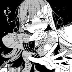 Rule 34 | 1girl, blush, breasts, breath, commentary request, greyscale, kantai collection, long hair, long sleeves, monochrome, ooi (kancolle), open mouth, sailor collar, school uniform, serafuku, solo, sweat, translation request, upper body, watarai keiji