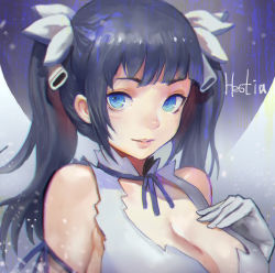 Rule 34 | 10s, 1girl, black hair, blue eyes, blush, breasts, canking, character name, cleavage, dungeon ni deai wo motomeru no wa machigatteiru darou ka, gloves, gradient background, hair ribbon, hand on own chest, hestia (danmachi), large breasts, lips, long hair, looking at viewer, rei no himo, ribbon, solo, twintails, white gloves