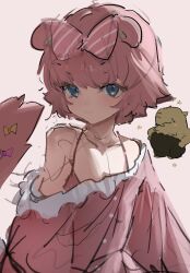 1girl animal_ears blue_eyes bow chromu creatures_(company) drowzee game_freak gen_1_pokemon hair_bow highres indie_virtual_youtuber kowai_(iamkowai) looking_at_viewer nintendo pink_bow pink_hair pink_shirt pokemon pokemon_(creature) shirt short_hair striped_bow tail tail_bow tail_ornament virtual_youtuber yellow_bow