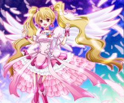 Rule 34 | 00s, 1girl, :d, angel wings, bad id, bad pixiv id, blonde hair, boots, bow, breasts, choker, cure peach, cure peach (angel), dress, earrings, feathers, female focus, fresh precure!, frills, gradient background, hair ornament, hairpin, happy, heart, jewelry, long hair, magical girl, momozono love, nuridoa3, open mouth, pink eyes, pink thighhighs, precure, ribbon, smile, solo, thigh strap, thighhighs, twintails, wings, wrist cuffs