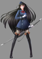Rule 34 | 1girl, absurdres, belt, black footwear, black hair, black pantyhose, boots, glasses, gloves, grey background, highres, l.sy, long hair, mole, mole under mouth, original, pantyhose, red eyes, semi-rimless eyewear, simple background, solo, sword, thigh boots, thighhighs, uniform, very long hair, weapon