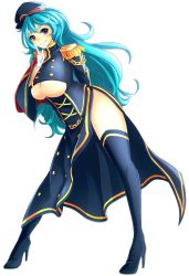 Rule 34 | 1girl, aqua hair, arm behind back, bad id, bad pixiv id, blue eyes, blue hair, boots, breasts, clothing cutout, epaulettes, eyebrows, finger to mouth, gloves, hat, high heel boots, high heels, highres, imagawa yoshimoto (sengoku collection), large breasts, leaning forward, legs apart, long hair, looking at viewer, military, military uniform, nemunemu (bluelight5), sengoku collection, simple background, smile, solo, standing, thick eyebrows, thick thighs, thigh boots, thighhighs, thighs, underboob, underboob cutout, uniform, very long hair, white background, white gloves, wide stance