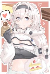 Rule 34 | 1girl, :t, animal ears, arknights, aurora (arknights), bear ears, black gloves, black hairband, black shirt, blue eyes, cake, commentary request, crop top, cropped jacket, food, fork, gloves, hair ornament, hairband, hairclip, hand up, heart, highres, holding, holding fork, jacket, long hair, looking at viewer, midriff, plate, shirt, smile, solo, spoken heart, stomach, tenten (1010haka), upper body, very long hair, white hair, white jacket
