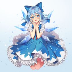 Rule 34 | 1girl, :d, artist name, blue background, blue bow, blue dress, blue eyes, blue hair, blush, bow, cirno, commentary, dress, gradient background, hair between eyes, hair bow, hands up, head tilt, highres, ice, ice wings, looking at viewer, milcona, neck ribbon, open mouth, petticoat, pinafore dress, puffy short sleeves, puffy sleeves, red ribbon, ribbon, shirt, short hair, short sleeves, sleeveless dress, smile, solo, symbol-only commentary, touhou, white shirt, wings