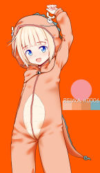 Rule 34 | 1girl, :d, animal costume, arm up, blonde hair, blue eyes, chinese zodiac, color guide, commentary request, dragon costume, dragon hood, dragon horns, dragon tail, fake horns, fake tail, highres, horns, long sleeves, looking at viewer, open mouth, original, puffy long sleeves, puffy sleeves, red background, simple background, smile, solo, standing, tail, testa, year of the dragon