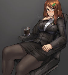 Rule 34 | 1girl, ayakumo, black pantyhose, blush, breasts, brown eyes, brown hair, chair, fang, fang out, formal, futatsuiwa mamizou, futatsuiwa mamizou (human), glasses, hair ornament, hairclip, highres, hip flask, jacket, large breasts, leaf, long hair, looking at viewer, mib mamizou, office chair, office lady, pantyhose, pencil skirt, pince-nez, side slit, simple background, sitting, skirt, skirt suit, solo, suit, swivel chair, thick thighs, thighs, touhou, urban legend in limbo