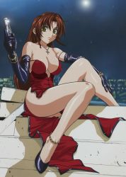 Rule 34 | 00s, 1girl, absurdres, breasts, brown hair, city, cleavage, cross, dress, eclair (kiddy grade), elbow gloves, gloves, gun, highres, inoue takuya, jewelry, kiddy grade, large breasts, legs, long hair, moon, night, non-web source, solo, thighs, third-party edit, very long hair, watch, weapon, wristwatch, yellow eyes