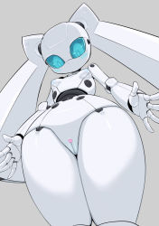 Rule 34 | 1girl, android, blue eyes, blue sclera, blush, breasts, censored, colored sclera, colored skin, completely nude, drossel von flugel, fireball (series), from below, grey background, heart, heart censor, joints, nipples, no mouth, nude, pochincoff, pussy, robot, robot girl, robot joints, simple background, small breasts, solo, standing, twintails, white skin