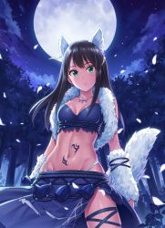 Rule 34 | 1girl, animal ears, arm warmers, arms at sides, blue skirt, blush, breasts, brown hair, cleavage, closed mouth, collarbone, cowboy shot, crop top, earrings, expressionless, extra ears, from below, full moon, fur, green eyes, idolmaster, idolmaster cinderella girls, jewelry, kemonomimi mode, lips, long hair, looking at viewer, medium breasts, moon, navel, necklace, night, night sky, petals, pubic tattoo, shibuya rin, side slit, skindentation, skirt, sky, solo, standing, stomach, stomach tattoo, tail, tassel, tattoo, thigh strap, thong, tree, wolf ears, wolf tail, yuuhi (ages)
